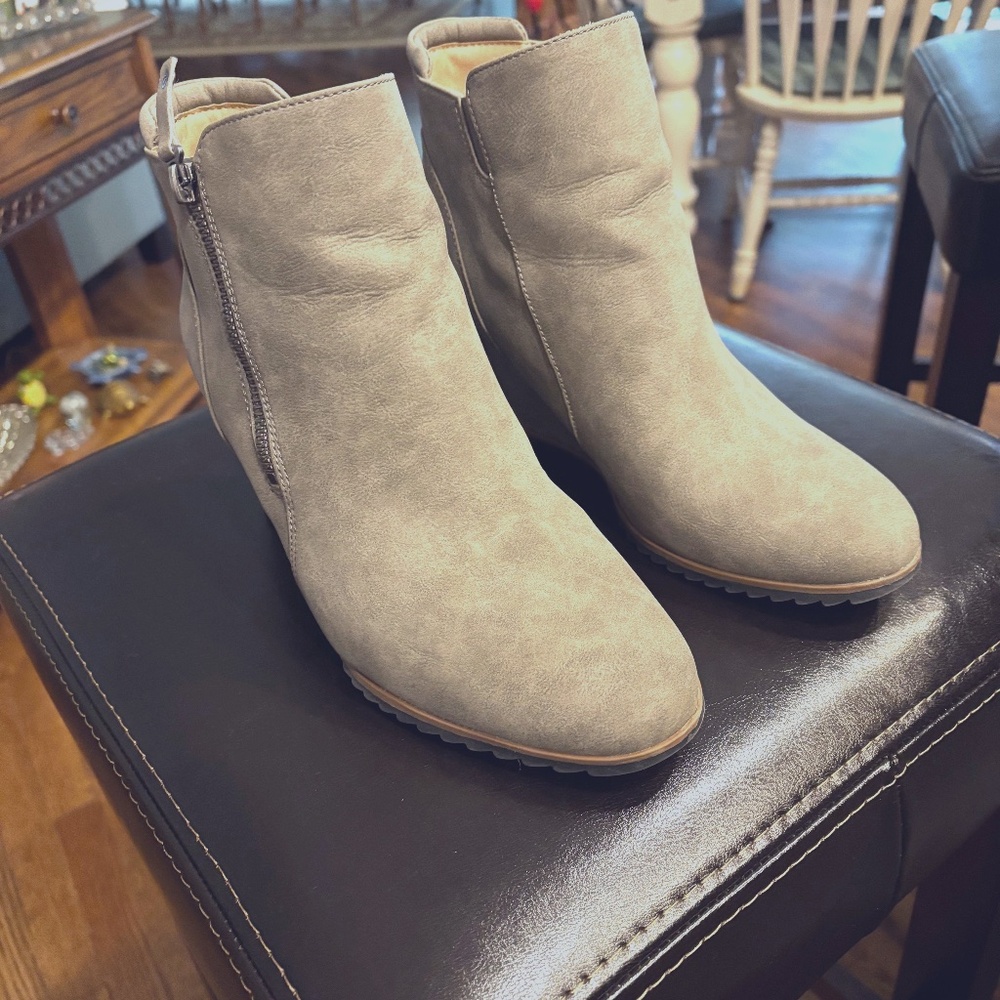 Gray suede wedge ankle boots
